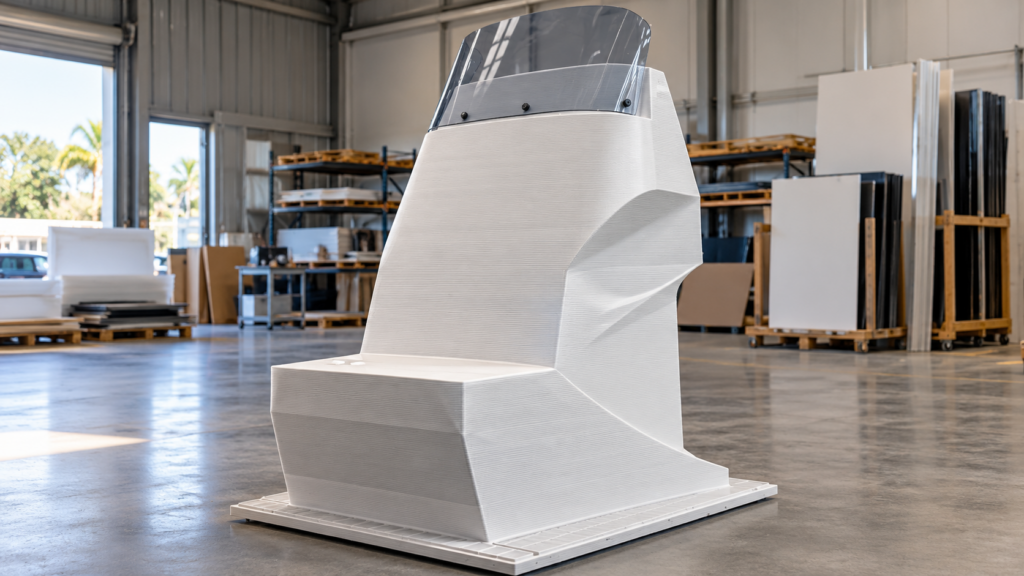 Concept illustration of a boat helm console with a clear windshield, made of 3D printed plastic.