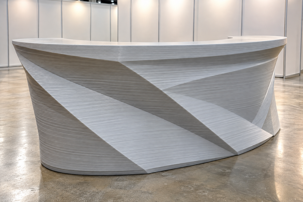 Concept illustration of a large curved display counter made of 3D printed plastic with visible layer lines.