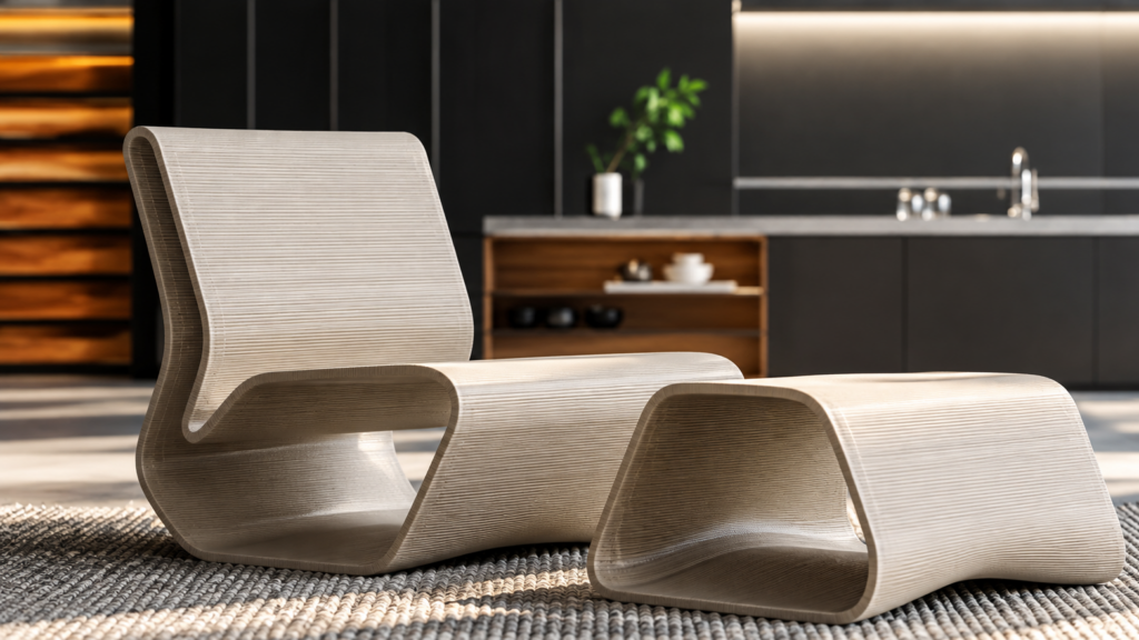 Concept illustration of a lounge chair and ottoman made of 3D printed plastic with visible layer lines.